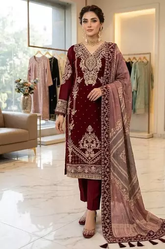 maroon color embroidery work geogette salwar suit
