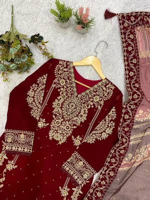 maroon color embroidery work geogette salwar suit 2