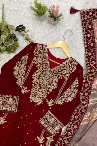 maroon color embroidery work geogette salwar suit