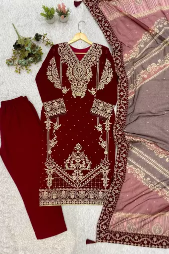 maroon color embroidery work geogette salwar suit