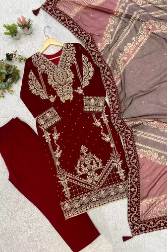 maroon color embroidery work geogette salwar suit