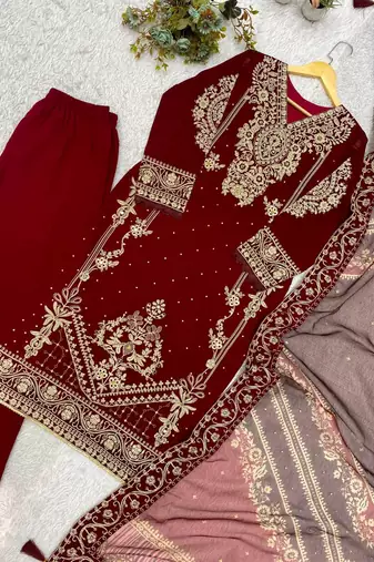 maroon color embroidery work geogette salwar suit