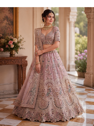 pink colour Peacock Embroidery and Sequins and thread work net Lehenga Choli Set 1