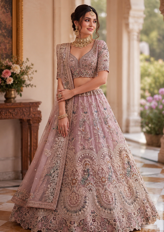 pink colour Peacock Embroidery and Sequins and thread work net Lehenga Choli Set