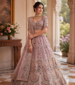 pink colour Peacock Embroidery and Sequins and thread work net Lehenga Choli Set