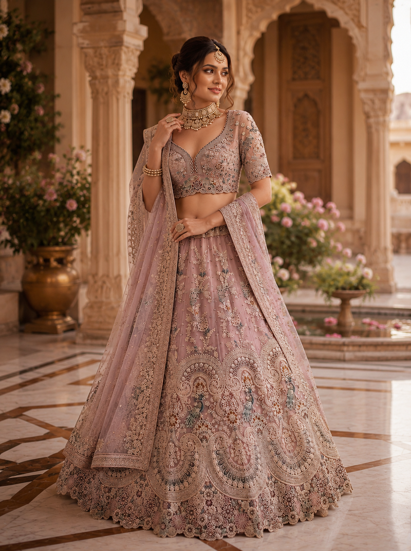 pink colour Peacock Embroidery and Sequins and thread work net Lehenga Choli Set