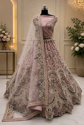 pink colour Peacock Embroidery and Sequins and thread work net Lehenga Choli Set 3