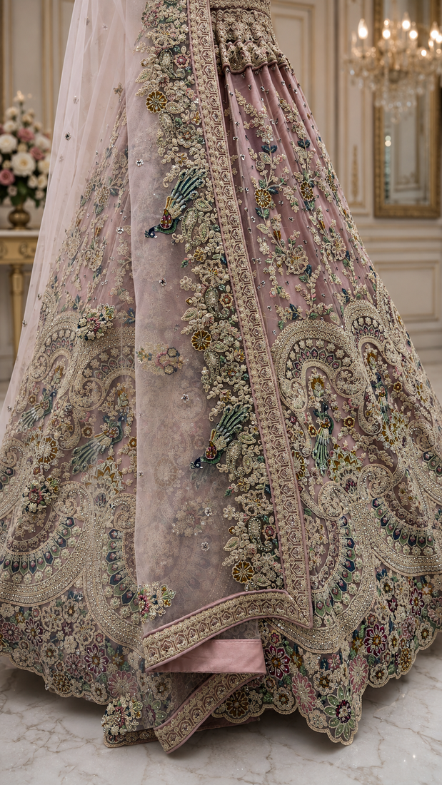 pink colour Peacock Embroidery and Sequins and thread work net Lehenga Choli Set