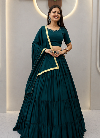 Dark Green Color Real Handmade Mirror Work Cotton Navratri Lahenga Choli Set