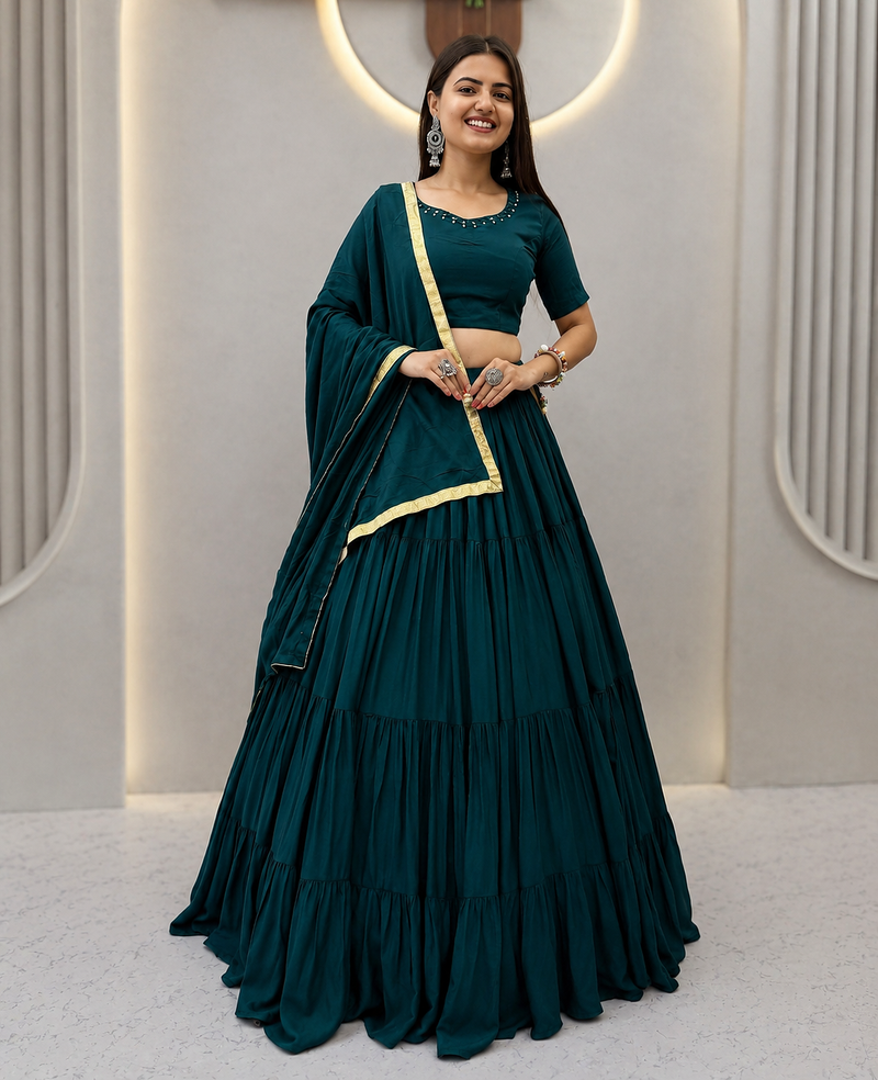 Dark Green Handmade Mirror Work Cotton Navratri Lahenga Choli Set