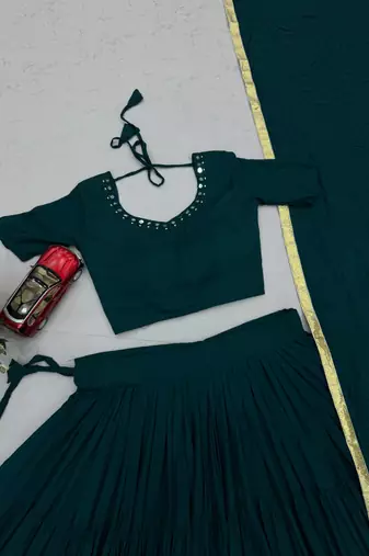 Dark Green Handmade Mirror Work Cotton Navratri Lahenga Choli Set