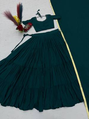 Dark Green Handmade Mirror Work Cotton Navratri Lahenga Choli Set 5