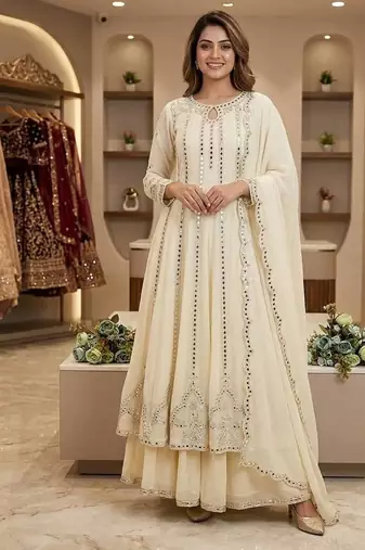 white color embroidery sequences work georgette salwar suit