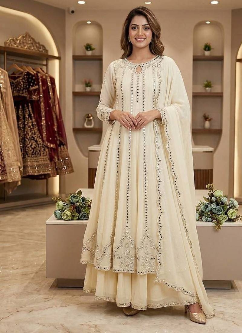 white color embroidery sequences work georgette salwar suit