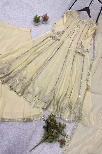 white color embroidery sequences work georgette salwar suit