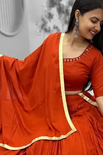 Garba Special Orange Cotton Lehenga Choli with Handmade Mirror Work