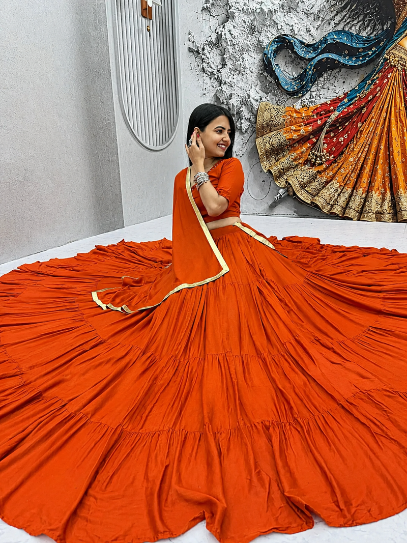 Garba Special Orange Cotton Lehenga Choli with Handmade Mirror Work