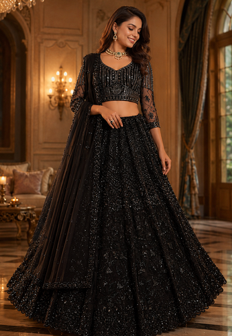 black color Sequins and Thread work Zardosi style Embroidery net Lehenga Choli set