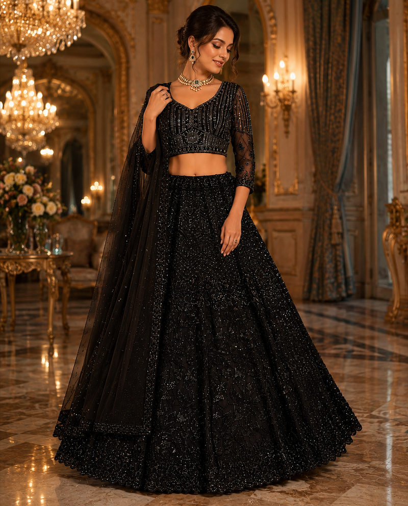 black color Sequins and Thread work Zardosi style Embroidery net Lehenga Choli set