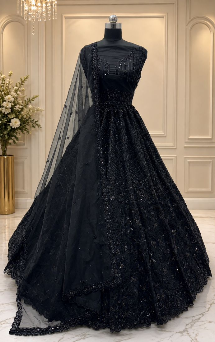 black color Sequins and Thread work Zardosi style Embroidery net Lehenga Choli set