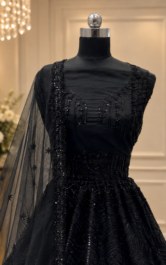 black color Sequins and Thread work Zardosi style Embroidery net Lehenga Choli set