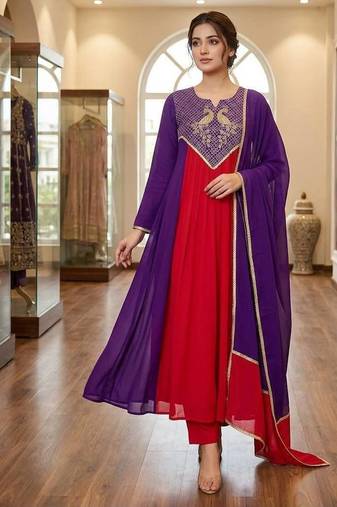 purple color embroidery sequences work chanderi salwar suit