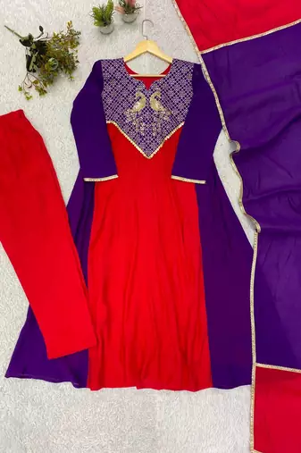 purple color embroidery sequences work chanderi salwar suit