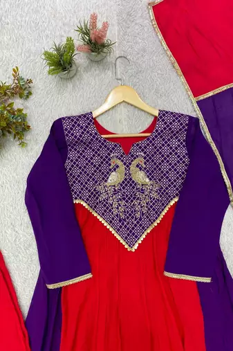 purple color embroidery sequences work chanderi salwar suit