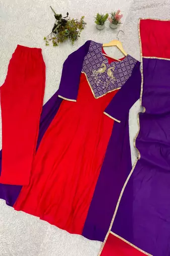 purple color embroidery sequences work chanderi salwar suit