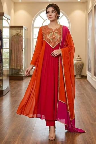red color embroidery sequences work chanderi salwar suit