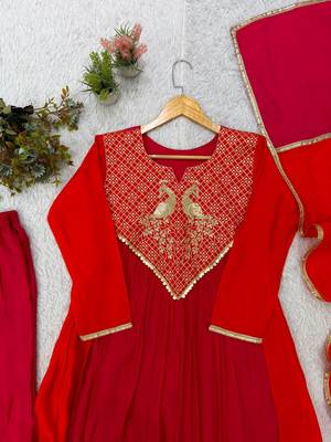 red color embroidery sequences work chanderi salwar suit 2
