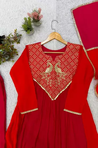 red color embroidery sequences work chanderi salwar suit