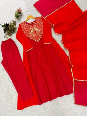 red color embroidery sequences work chanderi salwar suit 3