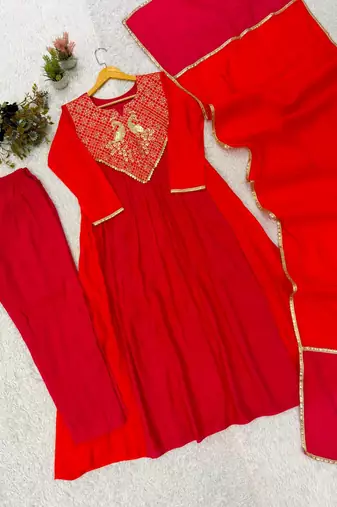 red color embroidery sequences work chanderi salwar suit