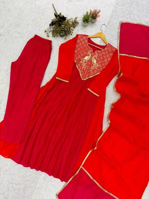 red color embroidery sequences work chanderi salwar suit 4