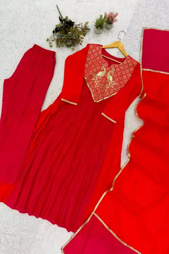 red color embroidery sequences work chanderi salwar suit
