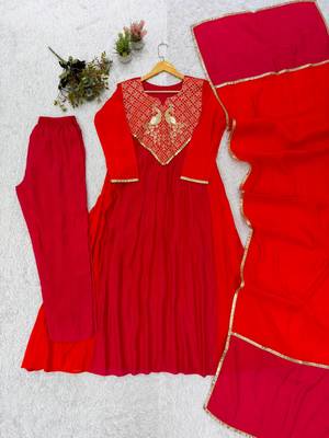red color embroidery sequences work chanderi salwar suit 5