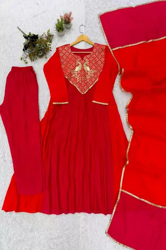 red color embroidery sequences work chanderi salwar suit