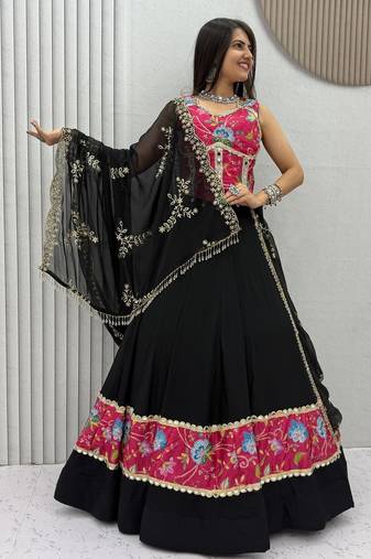 Black Color Real Mirror Work position print Silk Blend Navratri Lahenga Choli Set
