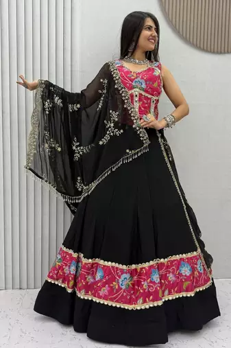 Black Color Real Mirror Work position print Silk Blend Navratri Lahenga Choli Set