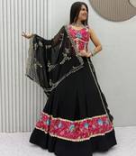 Black Color Real Mirror Work position print Silk Blend Navratri Lahenga Choli Set