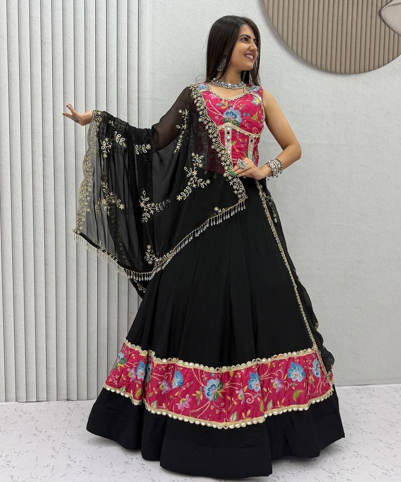 Black Color Real Mirror Work position print Silk Blend Navratri Lahenga Choli Set