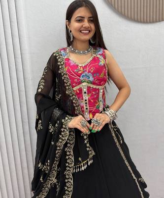 Black Color Real Mirror Work position print Silk Blend Navratri Lahenga Choli Set 2