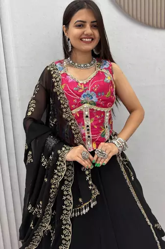 Black Color Real Mirror Work position print Silk Blend Navratri Lahenga Choli Set
