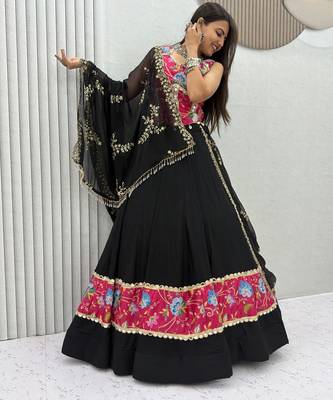 Black Color Real Mirror Work position print Silk Blend Navratri Lahenga Choli Set 3