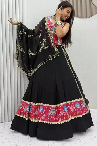Black Color Real Mirror Work position print Silk Blend Navratri Lahenga Choli Set