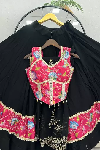 Black Color Real Mirror Work position print Silk Blend Navratri Lahenga Choli Set