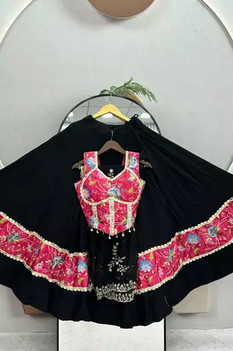 Black Color Real Mirror Work position print Silk Blend Navratri Lahenga Choli Set