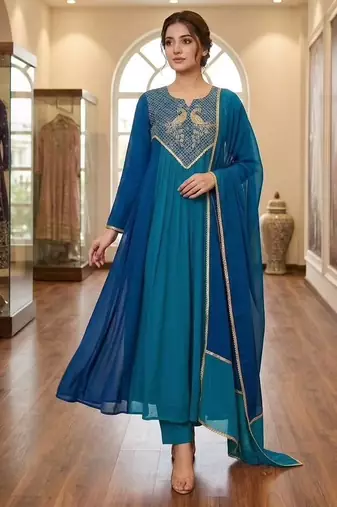 teal color embroidery sequences work chanderi salwar suit