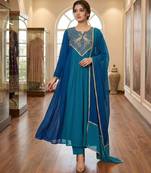 teal color embroidery sequences work chanderi salwar suit
